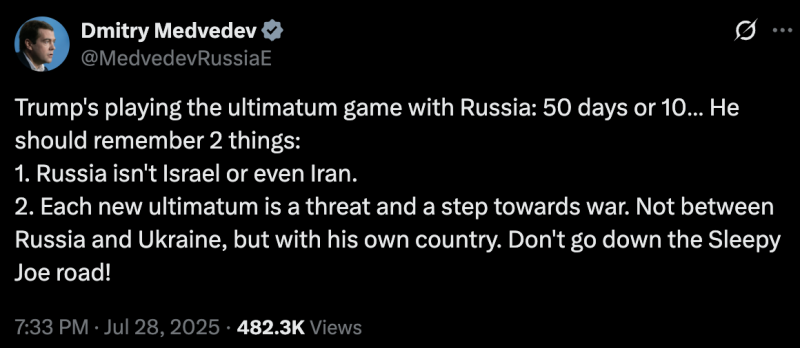 "Это угроза", – Медведев пугает Трампа войной в ответ на новый ультиматум
