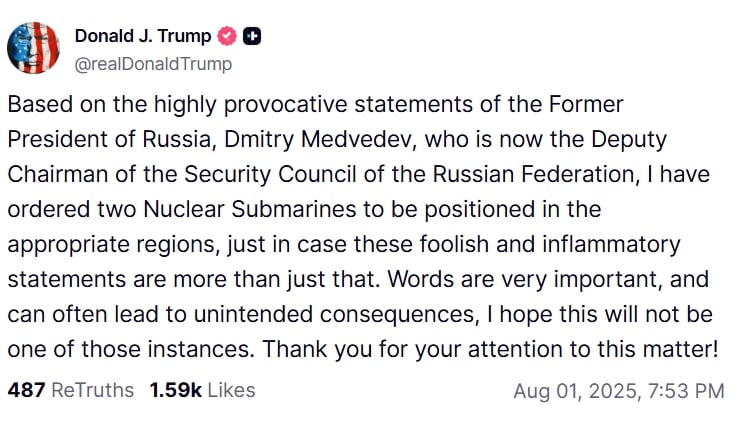 ​Медведев наговорил лишнего - Трамп привел в движение ядерные подлодки после угроз